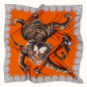 Scarf "TIGER AND MAGPIES" silk 65x65 on a orange background